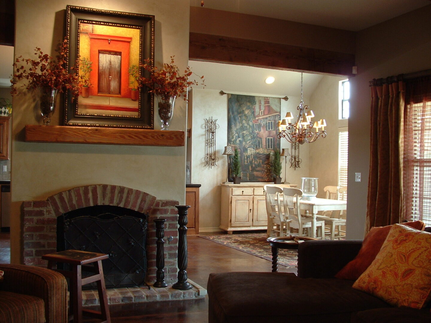 A living room with a fireplace.